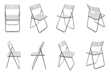 Şık sandalye beyaza izole edilmiş, set. Kullanılmış mobilya