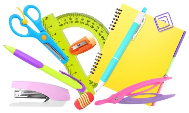 Kalemler ve diğer kırtasiyeler beyaz, set üzerinde izole