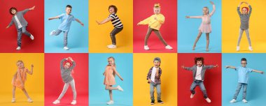 Renkli arka planlarda dans eden mutlu çocuklar, kolaj