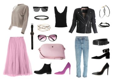 Beyaz arka plandaki kadınlar için şık kıyafetler, ayakkabılar ve aksesuarlar koleksiyonu. Havalı bahar havası.