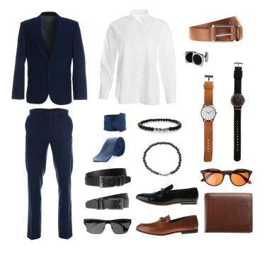 Beyaz arka plandaki erkekler için şık kıyafetler, ayakkabılar ve aksesuarlar koleksiyonu. Havalı bahar havası.