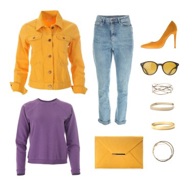 Beyaz arka plandaki kadınlar için şık kıyafetler, ayakkabılar ve aksesuarlar koleksiyonu. Havalı bahar havası.