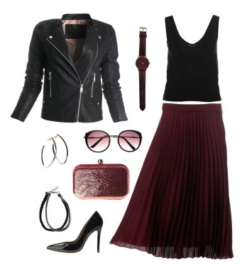 Beyaz arka plandaki kadınlar için şık kıyafetler, ayakkabılar ve aksesuarlar koleksiyonu. Havalı bahar havası.