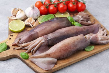 Fresh raw squids, tomatoes, lime and spices on grey table, closeup