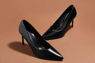 Pair of stylish high heeled shoes on brown background