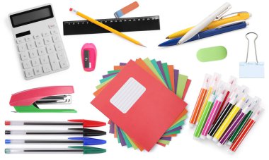 Kalemler ve diğer kırtasiyeler beyaz, set üzerinde izole