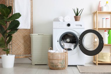 Çamaşır makinesi, sepet, deterjan ve ev bitkileriyle iç çamaşır odası.