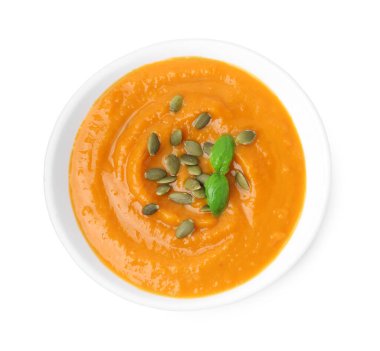 Tohumlu ve fesleğenli nefis balkabağı çorbası.