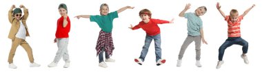 Beyaz arka planda dans eden mutlu çocuklar, kolaj