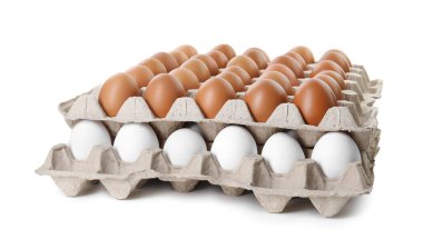 Yumurta kartonlarında çiğ tavuk yumurtası, beyaza izole edilmiş.