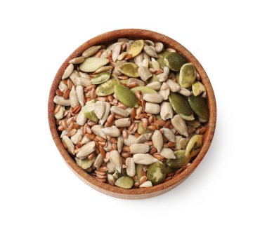 Farklı tohumların karışımı beyaz, üst görünümde izole.