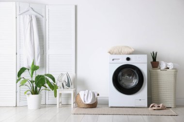Çamaşır makinesi, sepet ve ev bitkileriyle iç çamaşır odası.