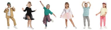 Beyaz arka planda dans eden mutlu çocuklar, kolaj