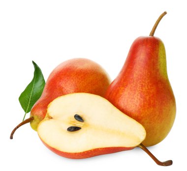 Taze olgun armutlar beyazda izole edilmiş. Tam ve dilimlenmiş.