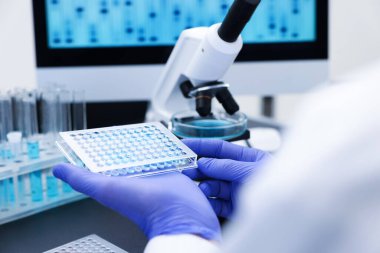 Genetik araştırması. Mikro plakalı bilimadamı laboratuarda çalışıyor, yakın plan.