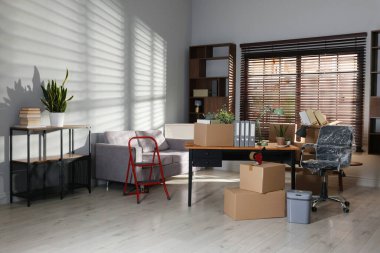 Yeni ofiste birçok taşınan kutu, ev bitkisi, merdiven ve mobilya