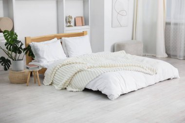 Beautiful room with comfortable bed. Interior design