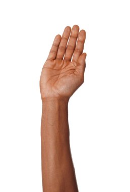 Afro-Amerikalı adam beyaz arka planda beşlik çakıyor, yakın plan.