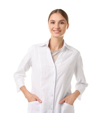 Beyaz arka planda profesyonel hemşire portresi