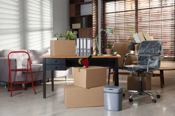 Yeni ofiste birçok taşınan kutu, ev bitkisi, merdiven ve mobilya