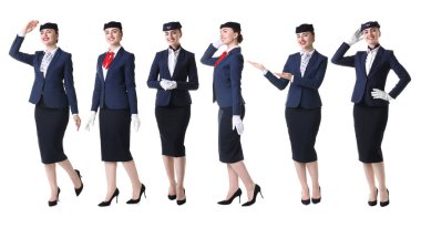 Beyaz arka planda üniformalı hostes, portre koleksiyonu.