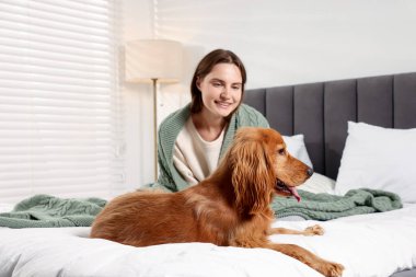 Evcil hayvan dostu otel. Kadın ve sevimli köpeği yatağın içinde