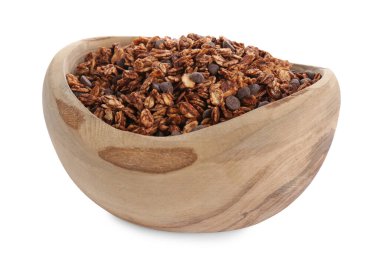 Lezzetli granola, çikolata parçacıkları beyaz kasede izole edilmiş.