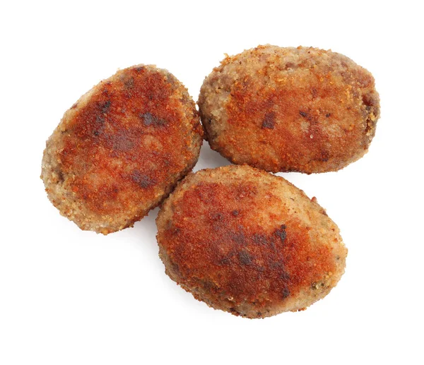 Üç leziz köfte, beyaza izole edilmiş, üst manzara.