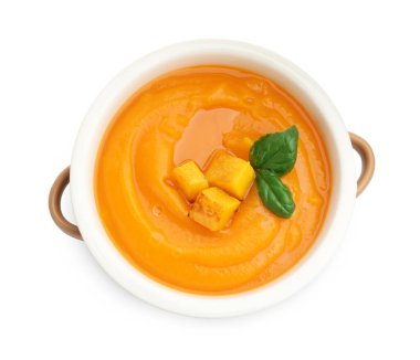 Lezzetli balkabağı kremalı çorba. Fesleğenli.