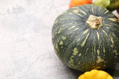 Açık gri desenli masada taze balkabağı, metin için yeri olan yakın plan. Su kabağı ailesi