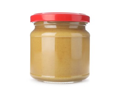 Beyaz üzerine izole edilmiş hardal sosu kavanozu.