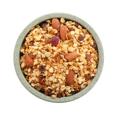 Lezzetli granola, kurutulmuş meyve ve kabın içinde fındık.