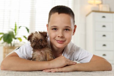 Evdeki sevimli Griffon köpekli çocuk. Evcil hayvan