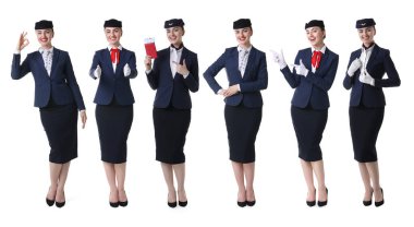 Beyaz arka planda üniformalı hostes, portre koleksiyonu.