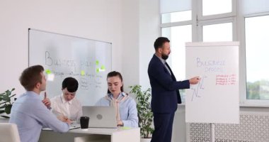 İş süreci. Meslektaşlarına sunum yapan adam