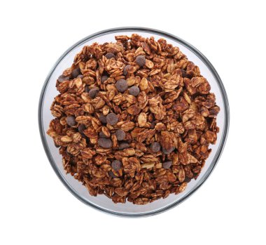 Lezzetli granola, kasede çikolata parçacıkları, beyaz, üst manzara.