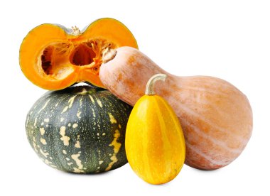 Birçok taze balkabağı beyazın üzerinde izole edilmiş. Su kabağı ailesi