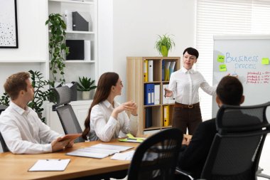 İş süreci. Meslektaşlar ofiste strateji tartışıyor