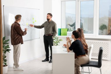 İş süreci. Meslektaşlar ofiste strateji tartışıyor