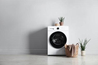 Çamaşır makinesi, ev bitkileri ve çamaşır sepeti kapalı alandaki gri duvarın yanında. Metin için boşluk