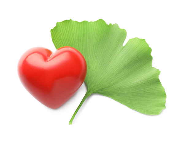Ginkgo biloba leaf and heart figure isolated on white, top view