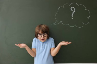 Okula dönelim. Düşünce baloncuğu ve soru işareti çizilmiş karatahtanın yanındaki kafası karışmış çocuk.