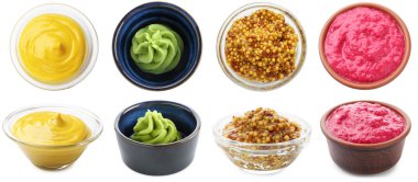 Wasabi ve diğer çeşniler beyaz sette izole edilmiş. Üst ve yan görünüm