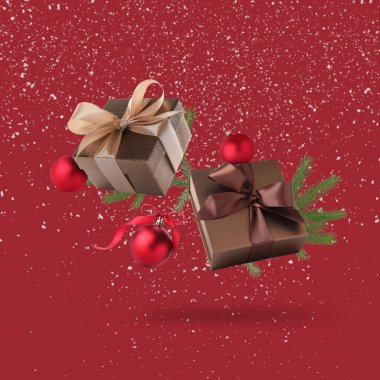 Noel ya da yeni yıl kutlaması. Hediye kutuları ve şenlikli dekorlar koyu kırmızı arka planda havada uçuşuyor.