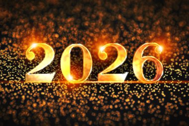 Altın numaralar ve siyah arka planda parıltılarla yeni yıl kartı tasarımın kutlu olsun. Bokeh etkisi