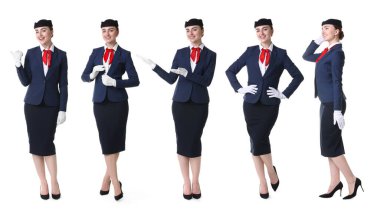 Beyaz arka planda üniformalı hostes, portre koleksiyonu.