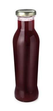 Beyaza izole edilmiş bir şişe kızılcık sosu.