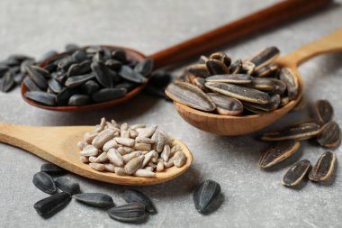 Gri masadaki kaşıklarda farklı tohumlar, yakın plan