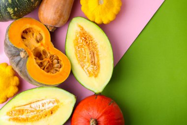 Renkli arka planda bir sürü taze balkabağı ve diğer su kabağı, düzlük. Metin için boşluk