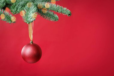 Kırmızı arka planda köknar dalında asılı duran güzel Noel balosu. Metin için boşluk